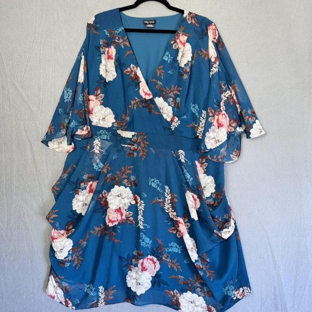 City Chic Dress Womens 24‎ XXL Blue Floral V-Neck Flutter Sleeve Boho Whimsy